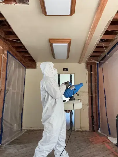 Technician in a protective suit applying antimicrobial after the walls were opened