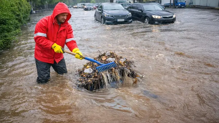 Worker clearing a clogged storm drain on a flooded street during a winter storm