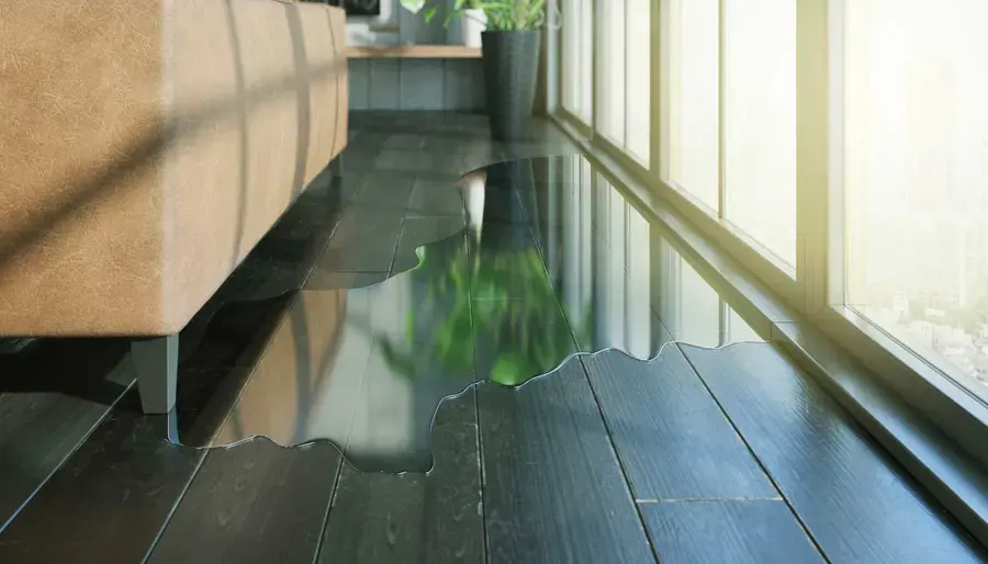 Water spreading across a dark wood floor from a failed appliance line