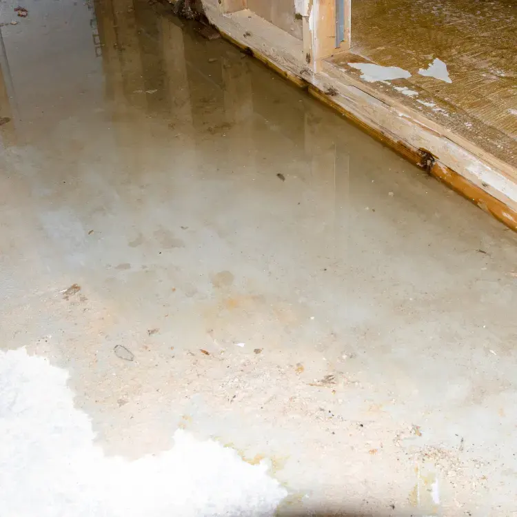 Water spread across a concrete floor at a door threshold after a storm