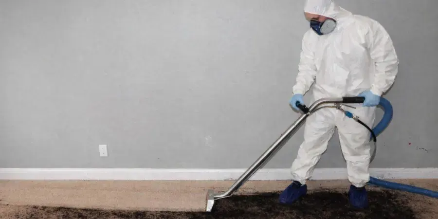 Technician in a protective suit and respirator extracting a sewage-soaked carpet